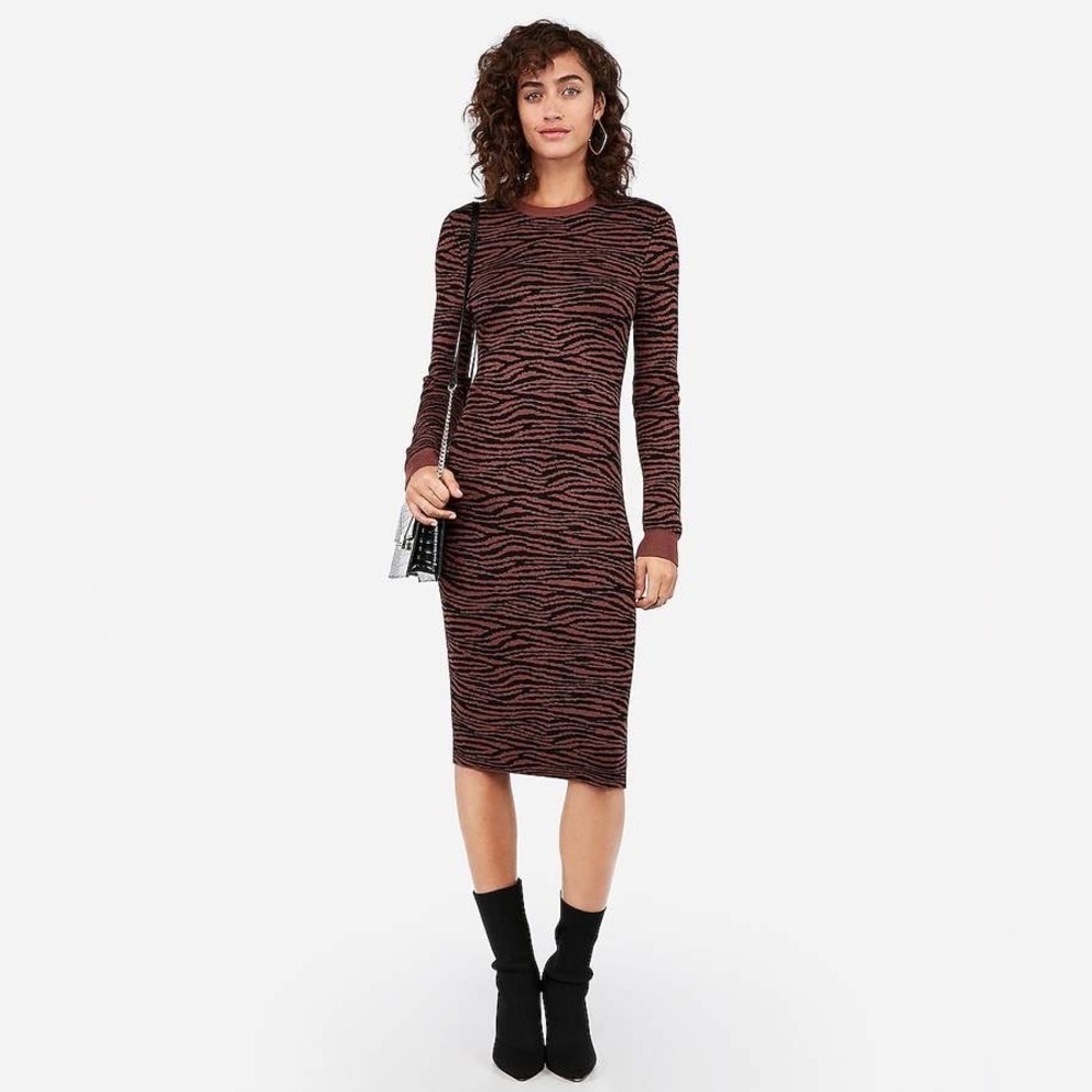 Express Negin Mirsalehi Anima Brown/Black Long Sleeve Sweater Midi Dress Small